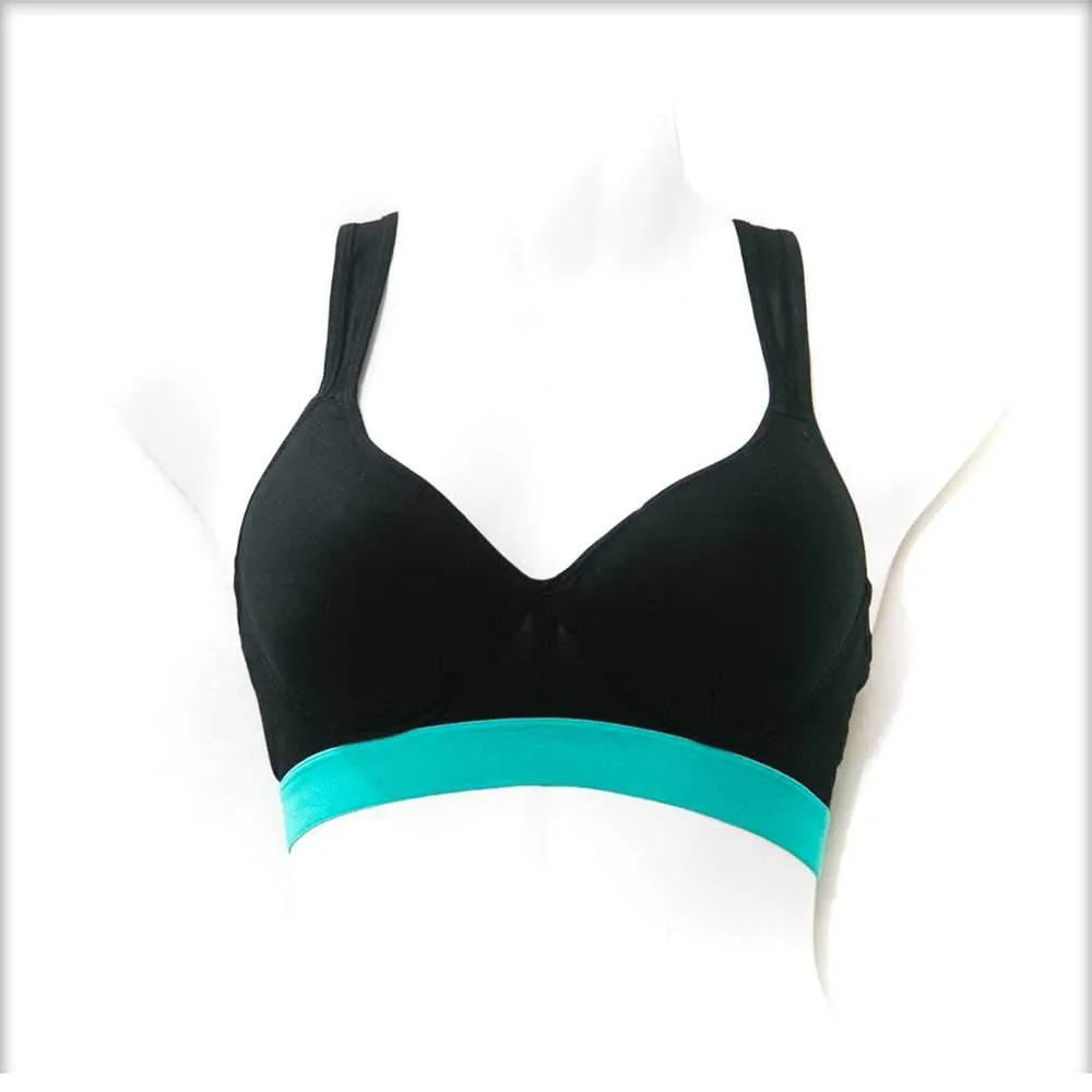 Ladies Gym Bra - Sports Bra - Black and Green Sports Bra - Padded Sports Bra