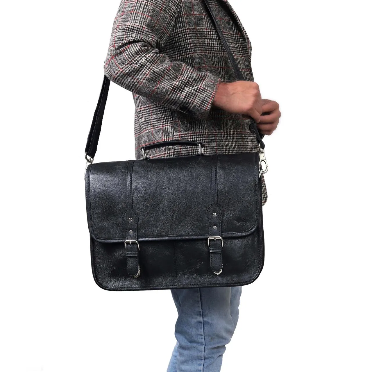 Landon Black Leather Messenger Bag
