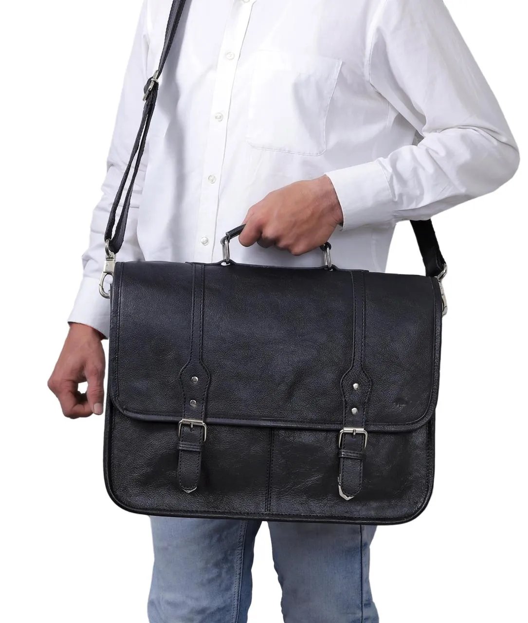 Landon Black Leather Messenger Bag