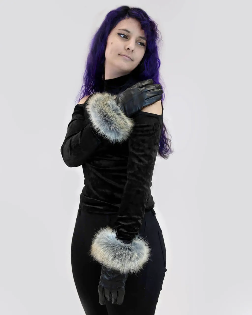Leather Gloves with Faux Fox Fur Cuff