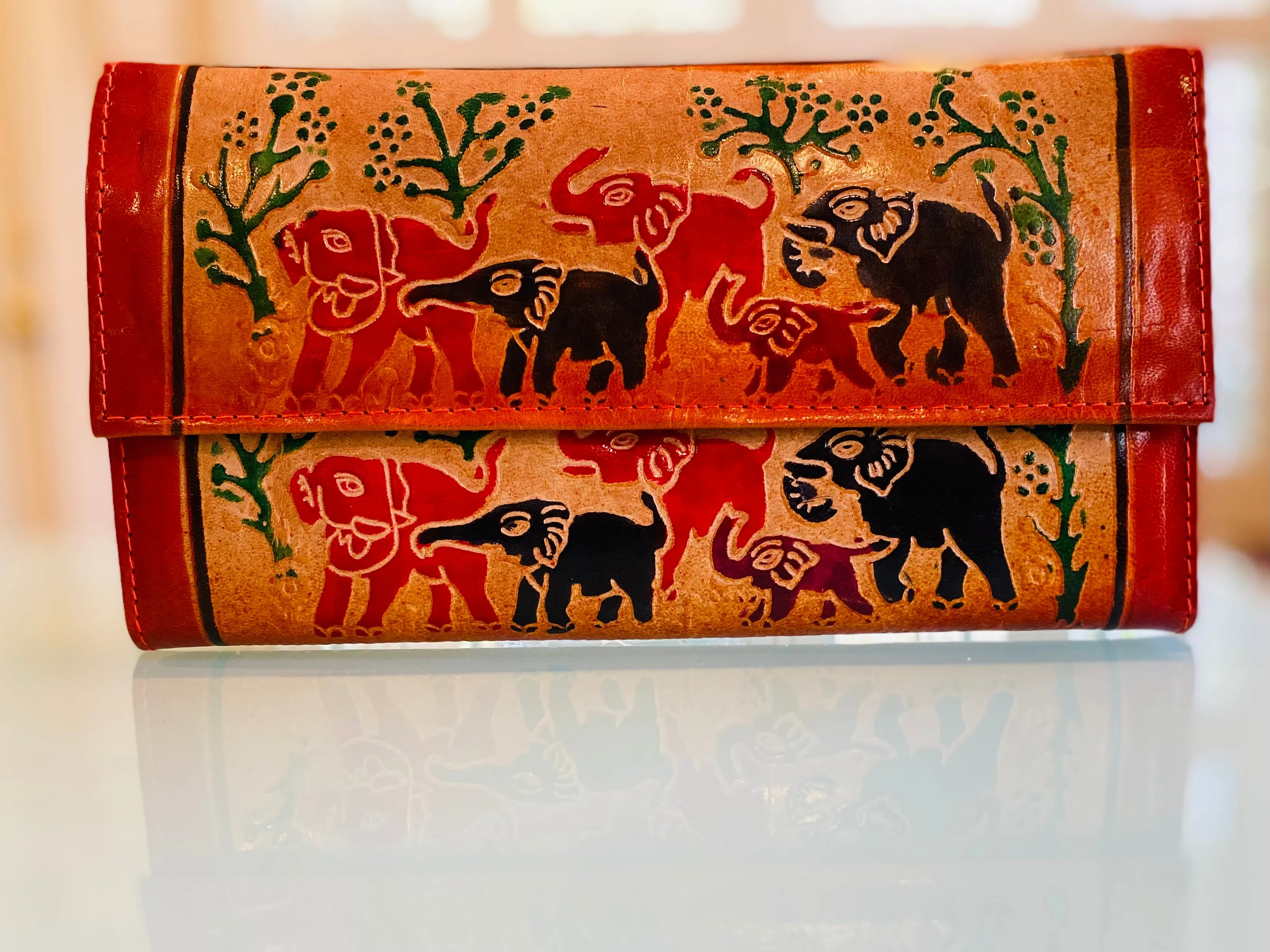 LEATHER WALLET ELEPHANT FAMILY WITH ORANGE TINT (LARGE)