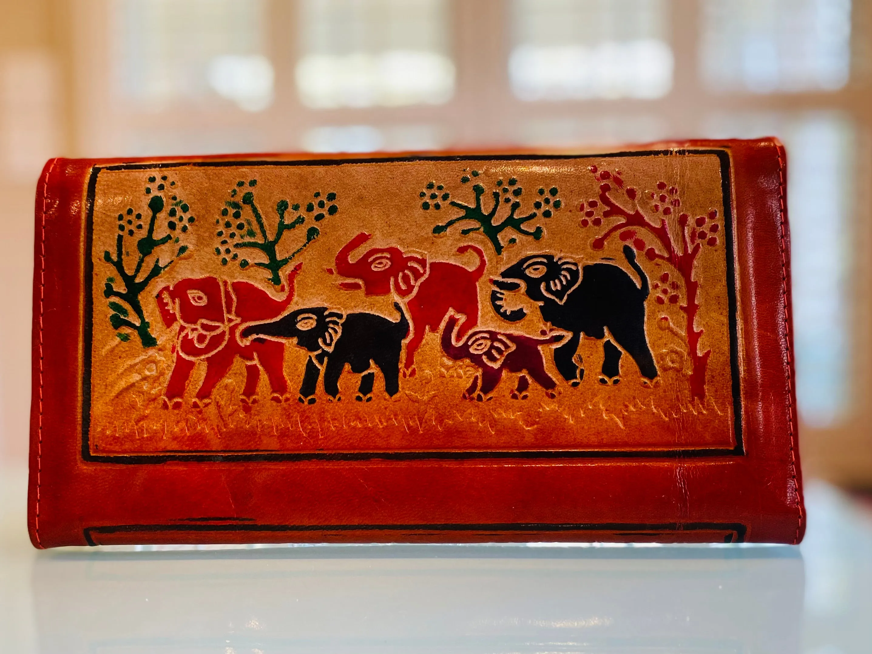 LEATHER WALLET ELEPHANT FAMILY WITH ORANGE TINT (LARGE)