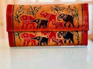 LEATHER WALLET ELEPHANT FAMILY WITH ORANGE TINT (LARGE)