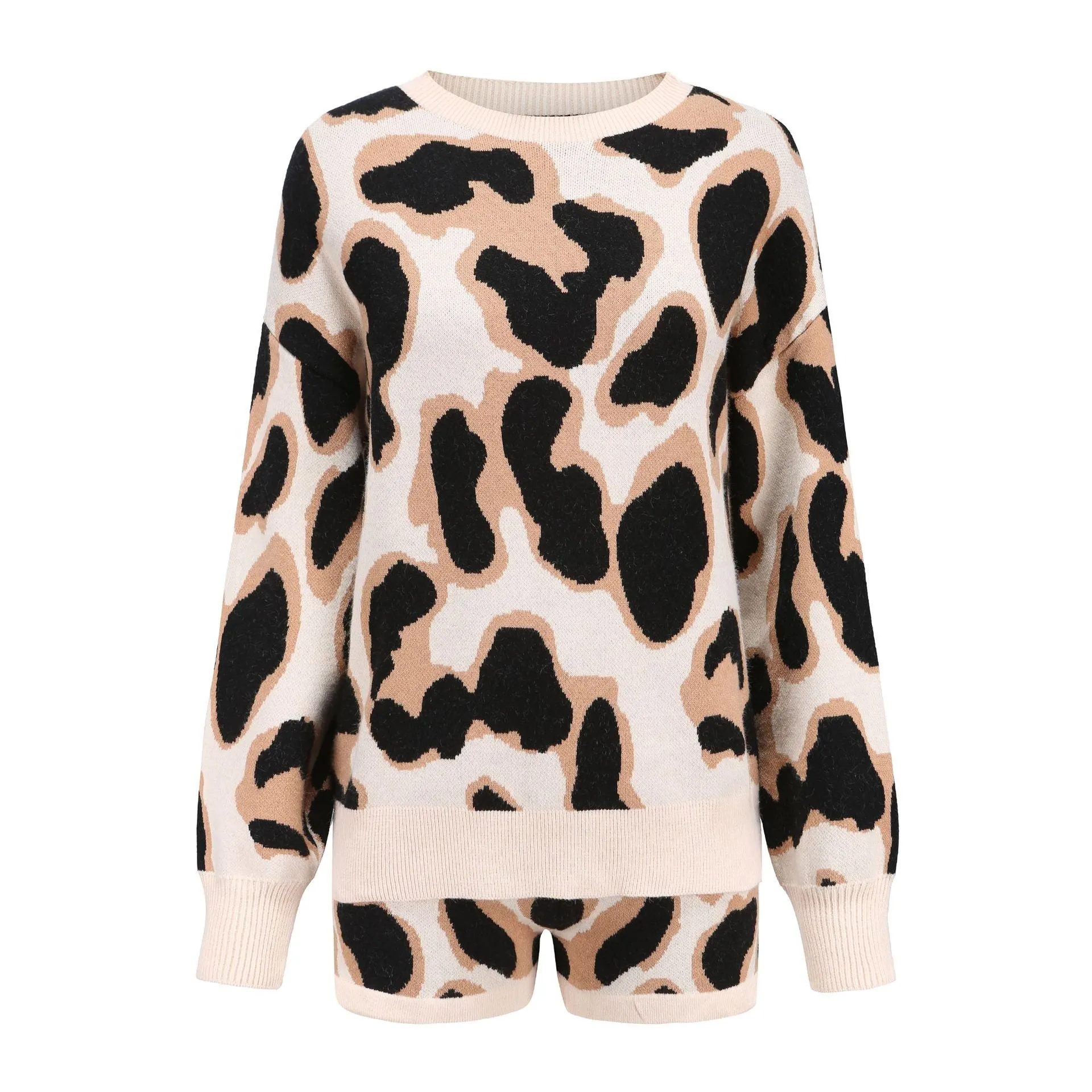 Leopard Shorts Sweater Loungewear Two Pieces