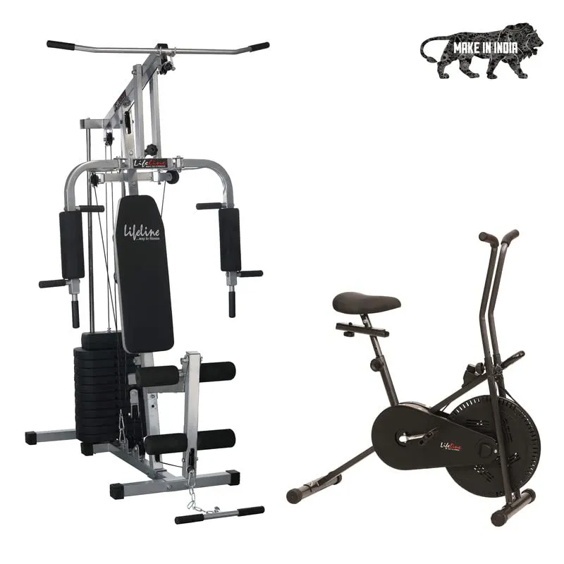 Lifeline Fitness HG-002 Home Gym Machine with 72kg Weight Stack with LE-103BS Air Bike with Back Support for Complete Home Gym Setup