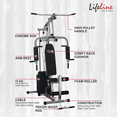 Lifeline Fitness HG-002 Multi Home Gym Multiple Muscle Workout Machine Chest Biceps Back Triceps Legs for Men at Home, 72kg Weight Stack, Made in India (with LT-202 Manual Treadmill 3in1)