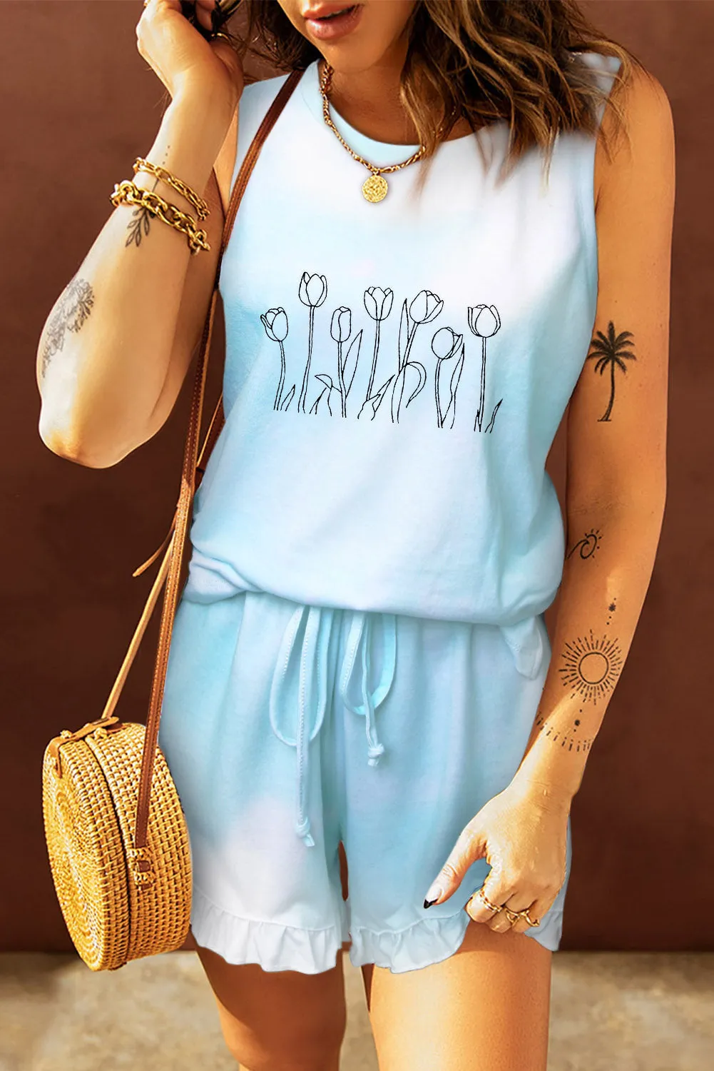 Light Blue Swingy Tank and Ruffled Shorts Loungewear