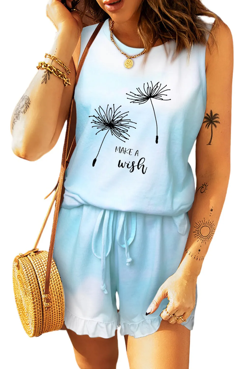 Light Blue Swingy Tank and Ruffled Shorts Loungewear