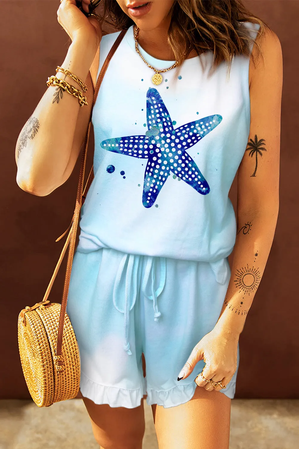 Light Blue Swingy Tank and Ruffled Shorts Loungewear