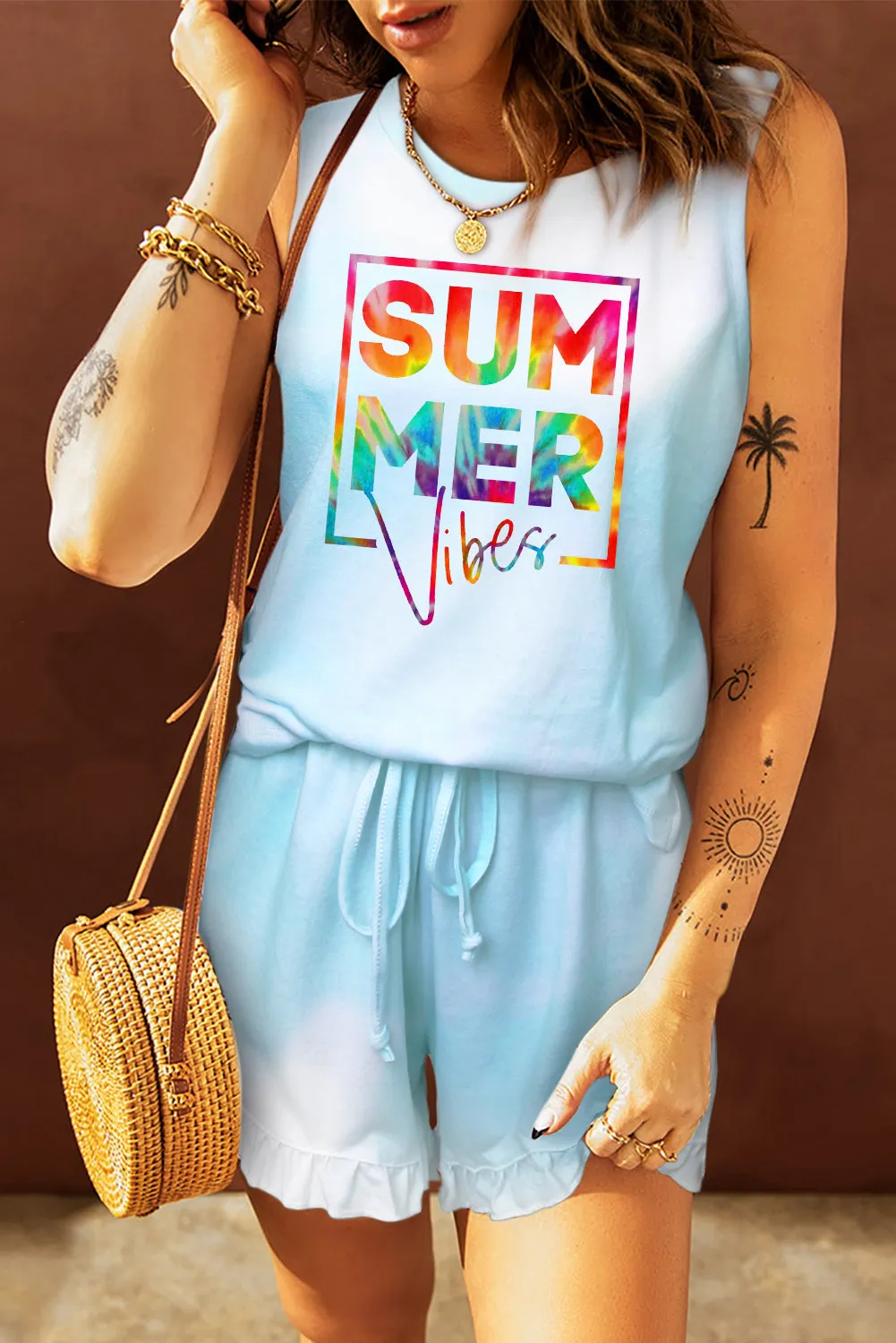 Light Blue Swingy Tank and Ruffled Shorts Loungewear