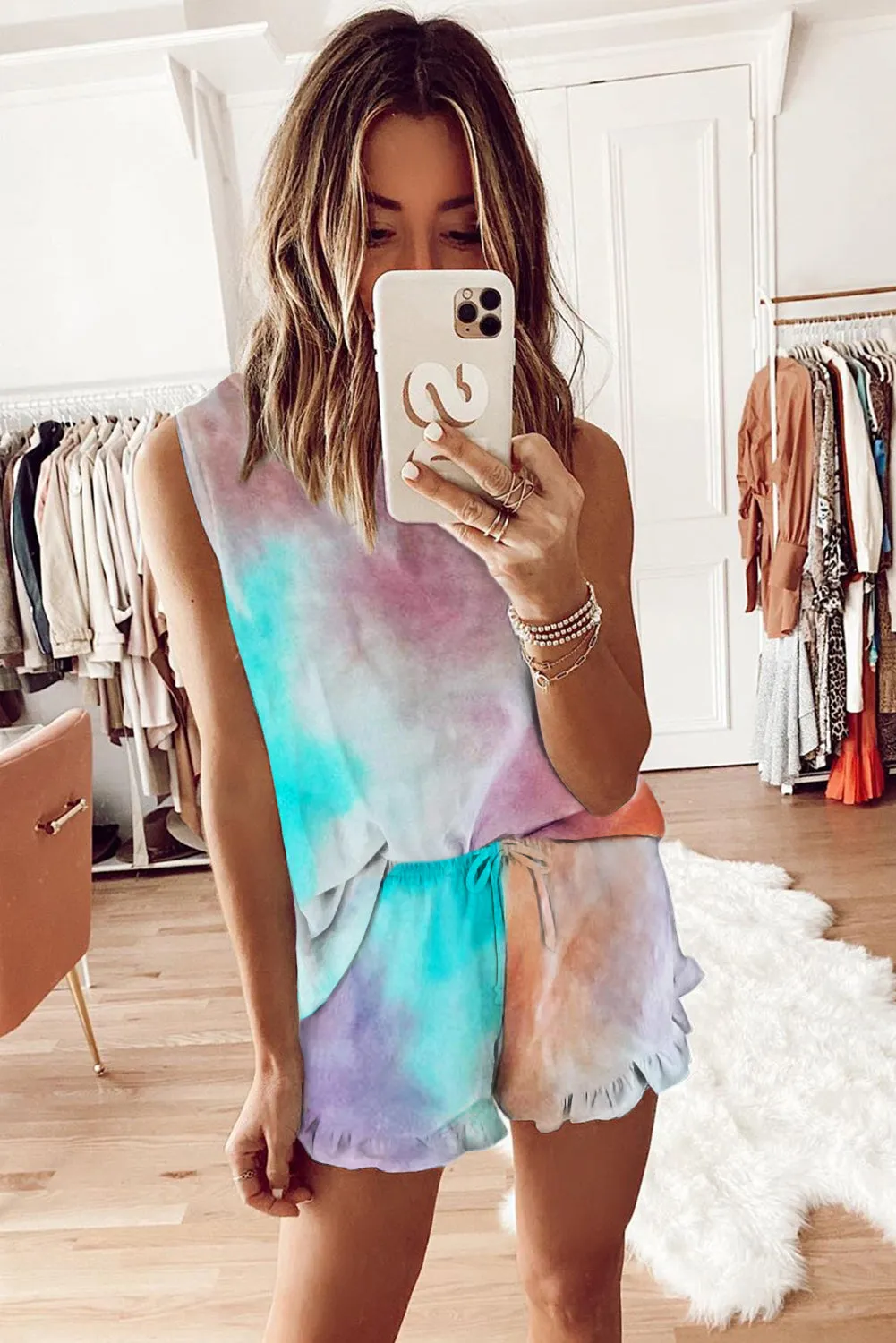 Light Blue Swingy Tank and Ruffled Shorts Loungewear