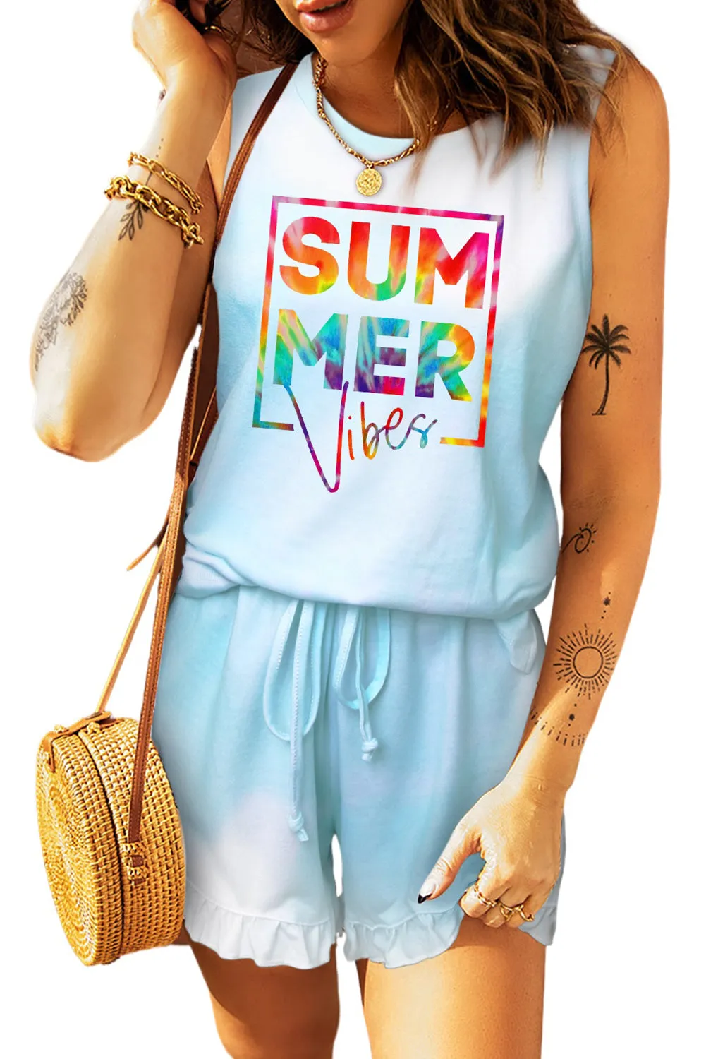Light Blue Swingy Tank and Ruffled Shorts Loungewear
