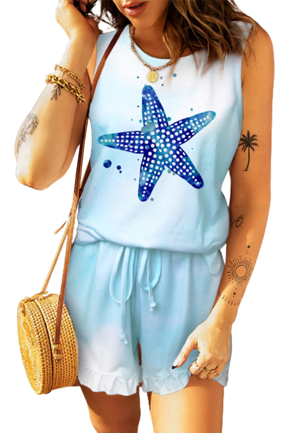 Light Blue Swingy Tank and Ruffled Shorts Loungewear