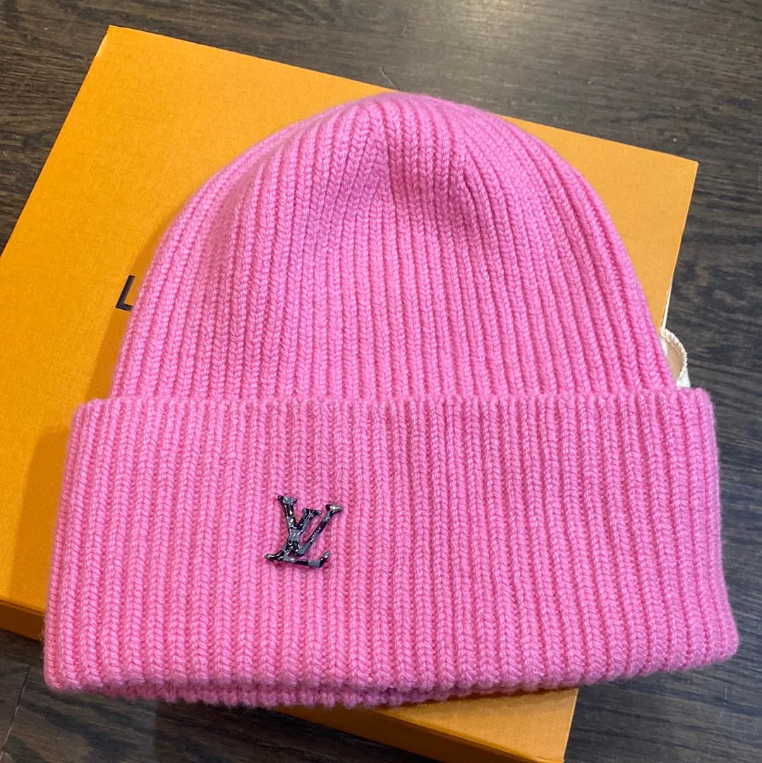 Louis Vuitton Pink Knit Beanie with grey and Black Checker LV