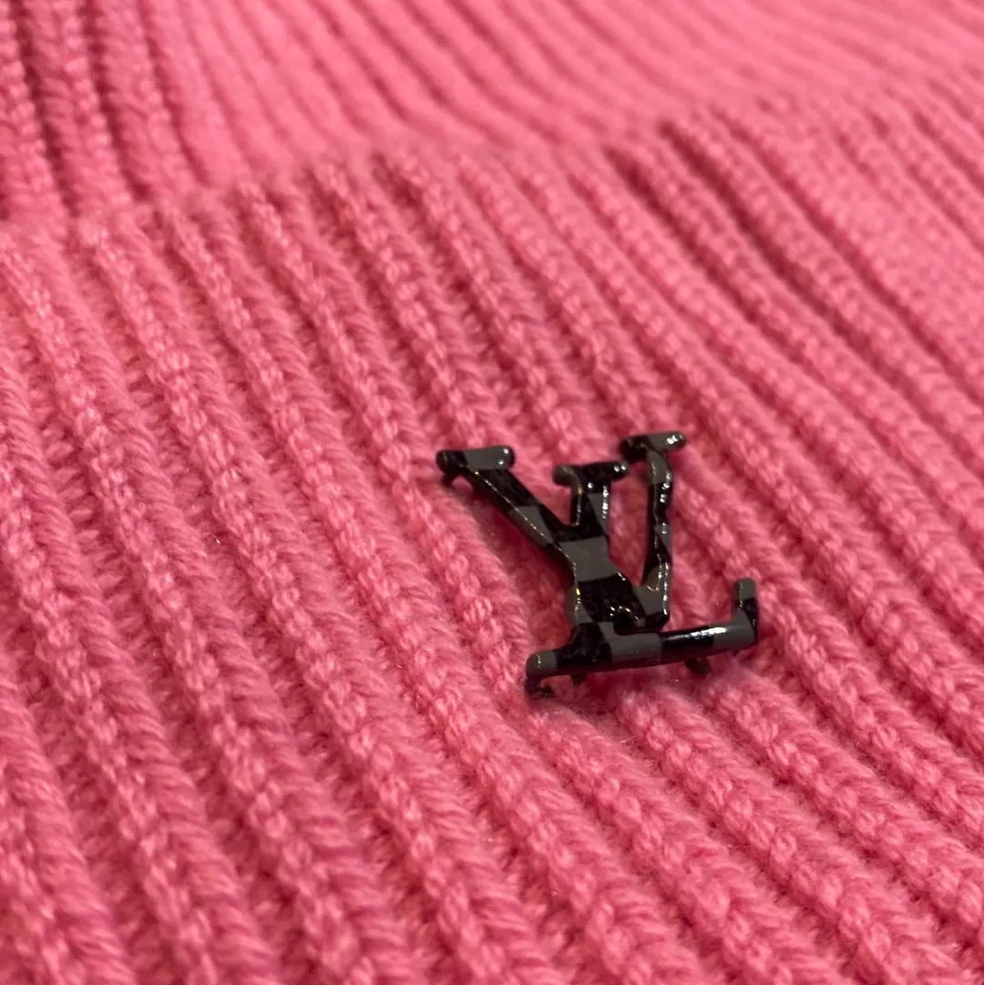 Louis Vuitton Pink Knit Beanie with grey and Black Checker LV