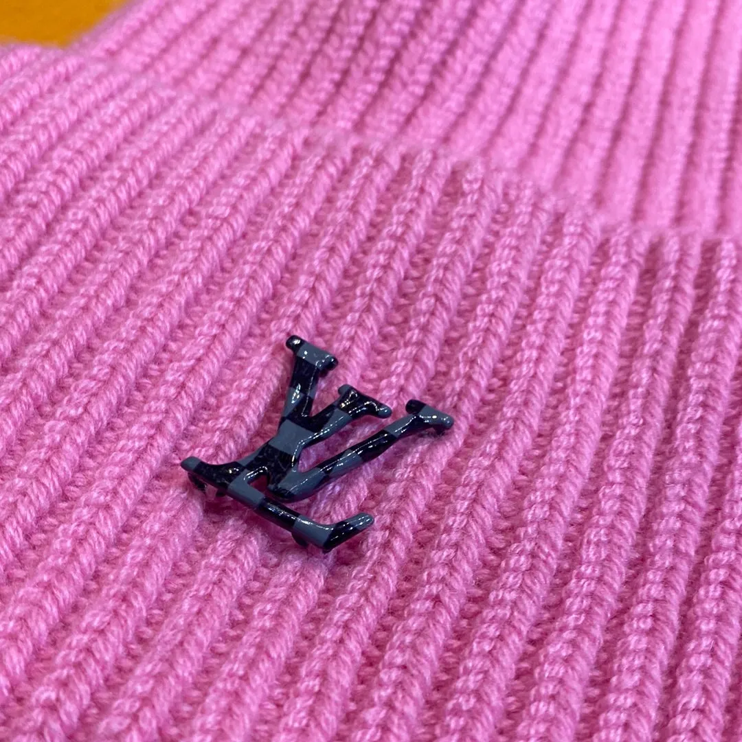 Louis Vuitton Pink Knit Beanie with grey and Black Checker LV