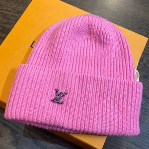 Louis Vuitton Pink Knit Beanie with grey and Black Checker LV