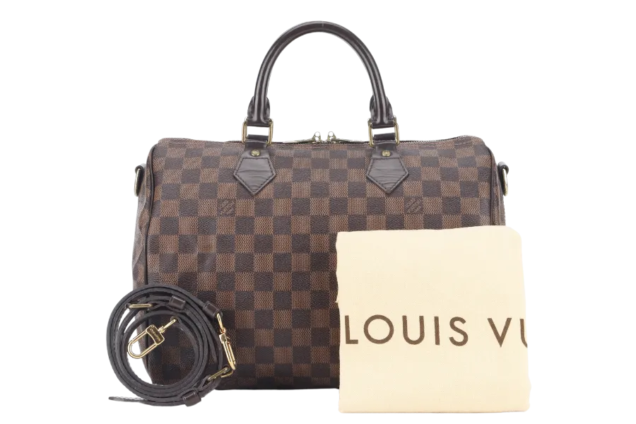 LOUIS VUITTON SPEEDY BANDOULIERE 30 DAMIER EBENE CANVAS GOLD HARDWARE WITH STRAPS AND DUST COVER