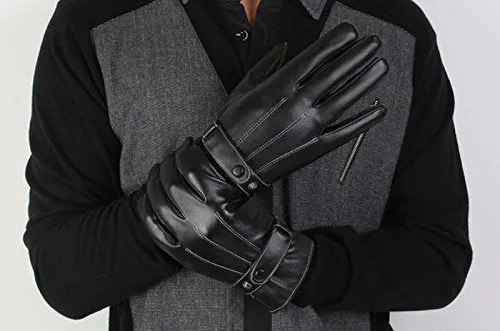 Lowpricenice Men PU Leather Winter Super Driving Warm Gloves Cashmere