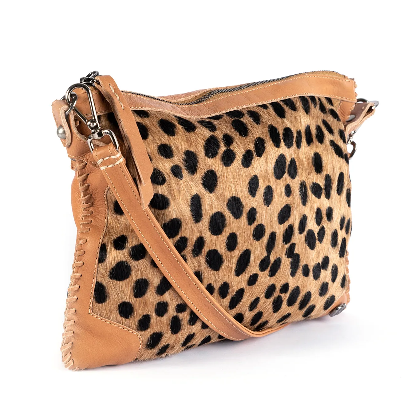 Maduva : Ladies Leather Crossbody Handbag in Spotted Print and Tan Vintage