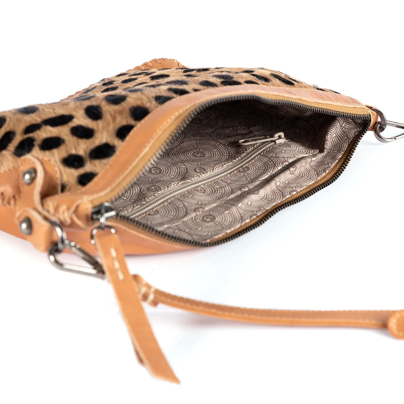 Maduva : Ladies Leather Crossbody Handbag in Spotted Print and Tan Vintage