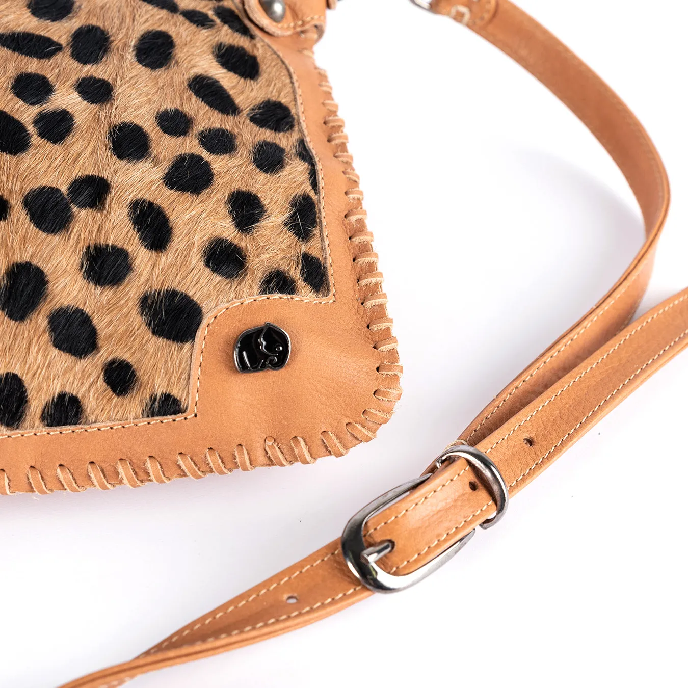 Maduva : Ladies Leather Crossbody Handbag in Spotted Print and Tan Vintage