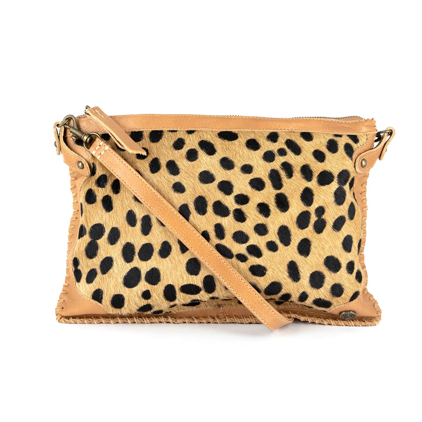 Maduva : Ladies Leather Crossbody Handbag in Spotted Print and Tan Vintage