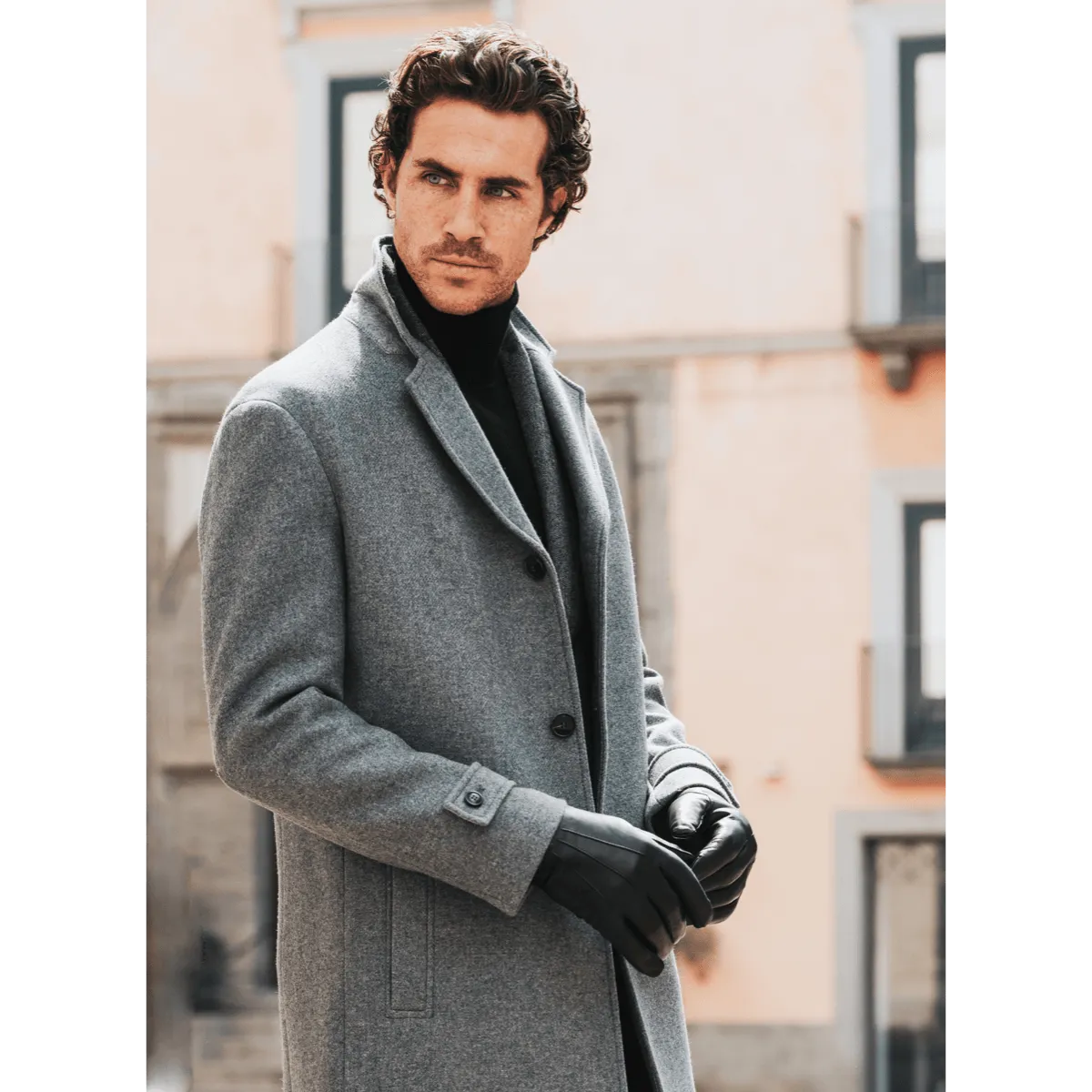 Marco (black) - Italian lambskin leather gloves with brown rabbit fur lining