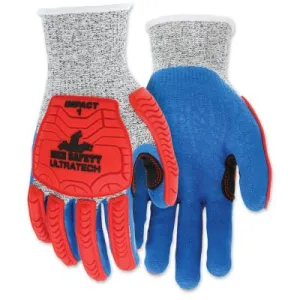 MCR Safety UT1951 UltraTech™ A/4/Impact Level 1 Mechanics Knit Glove, Small, Salt/Pepper, Red/Blue, UT1951S