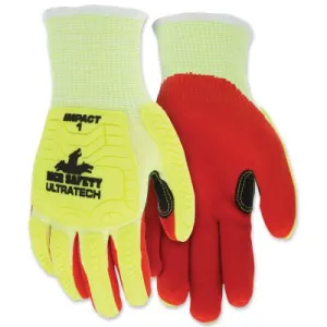 MCR Safety UT1956 UltraTech™ A5/Impact Level 1 Mechanics Knit Glove, Small, Hi-Vis Lime/Red, UT1956S