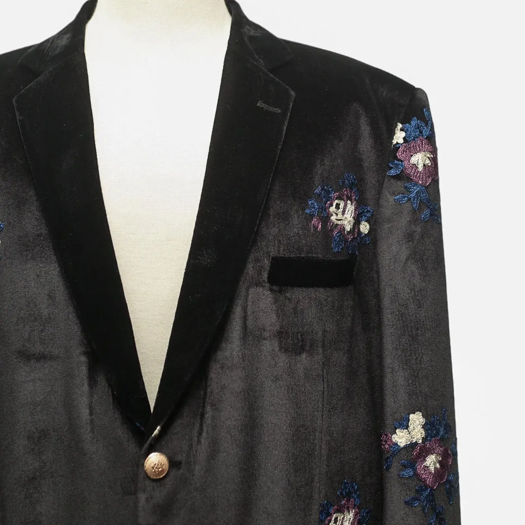 Mens Blazer Black Floral Embroidered Velvet Designer Dress Formal Suit Jacket Wedding Sport Coat 46R