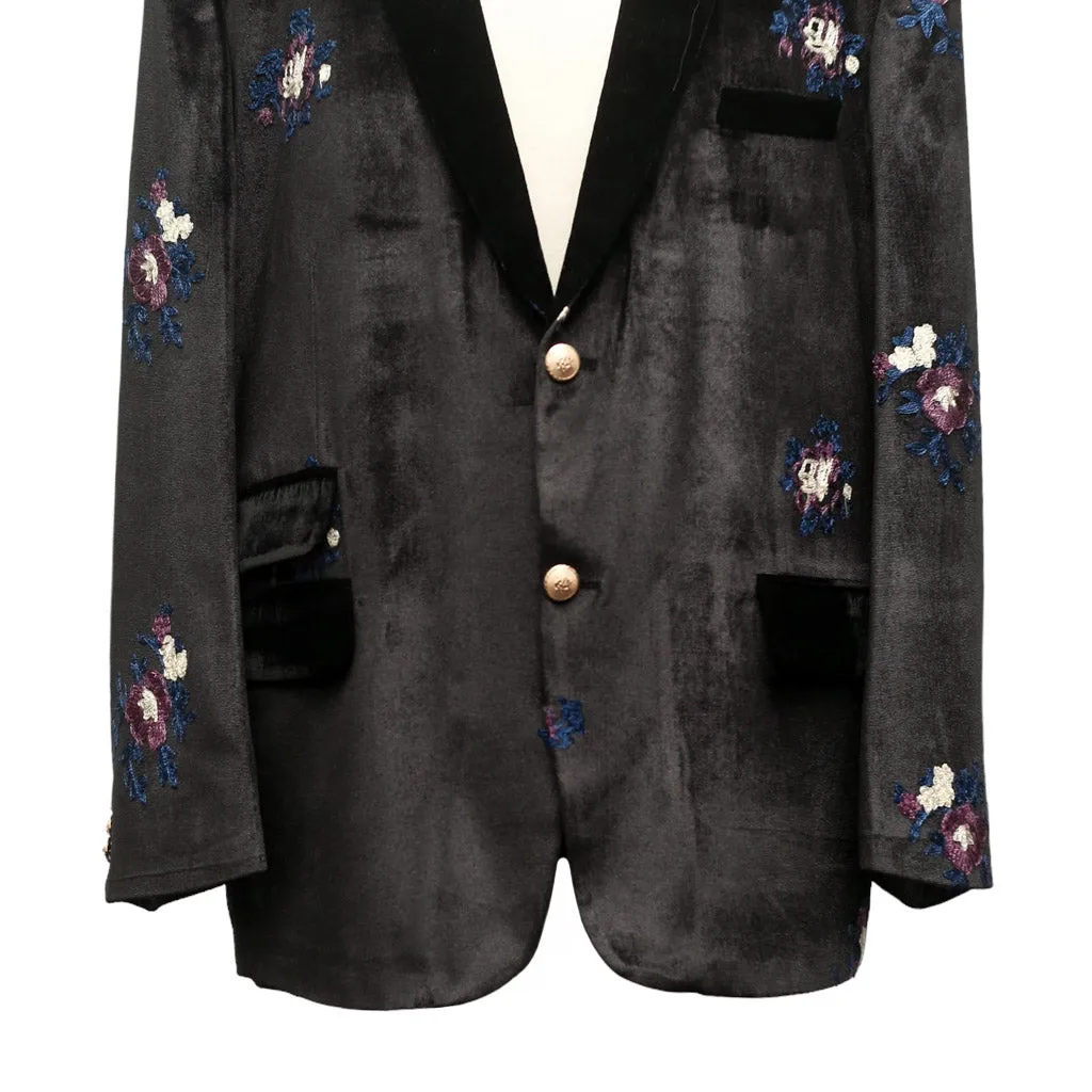 Mens Blazer Black Floral Embroidered Velvet Designer Dress Formal Suit Jacket Wedding Sport Coat 46R