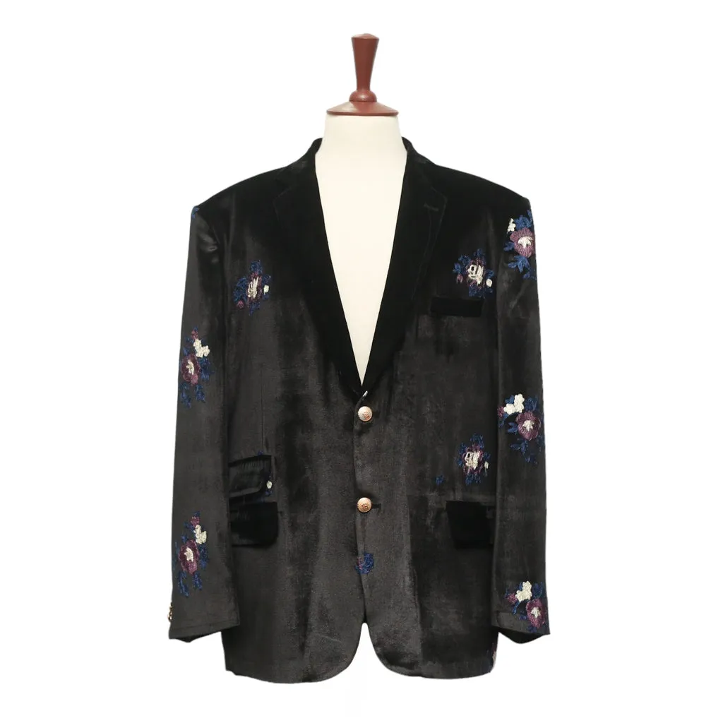 Mens Blazer Black Floral Embroidered Velvet Designer Dress Formal Suit Jacket Wedding Sport Coat 46R