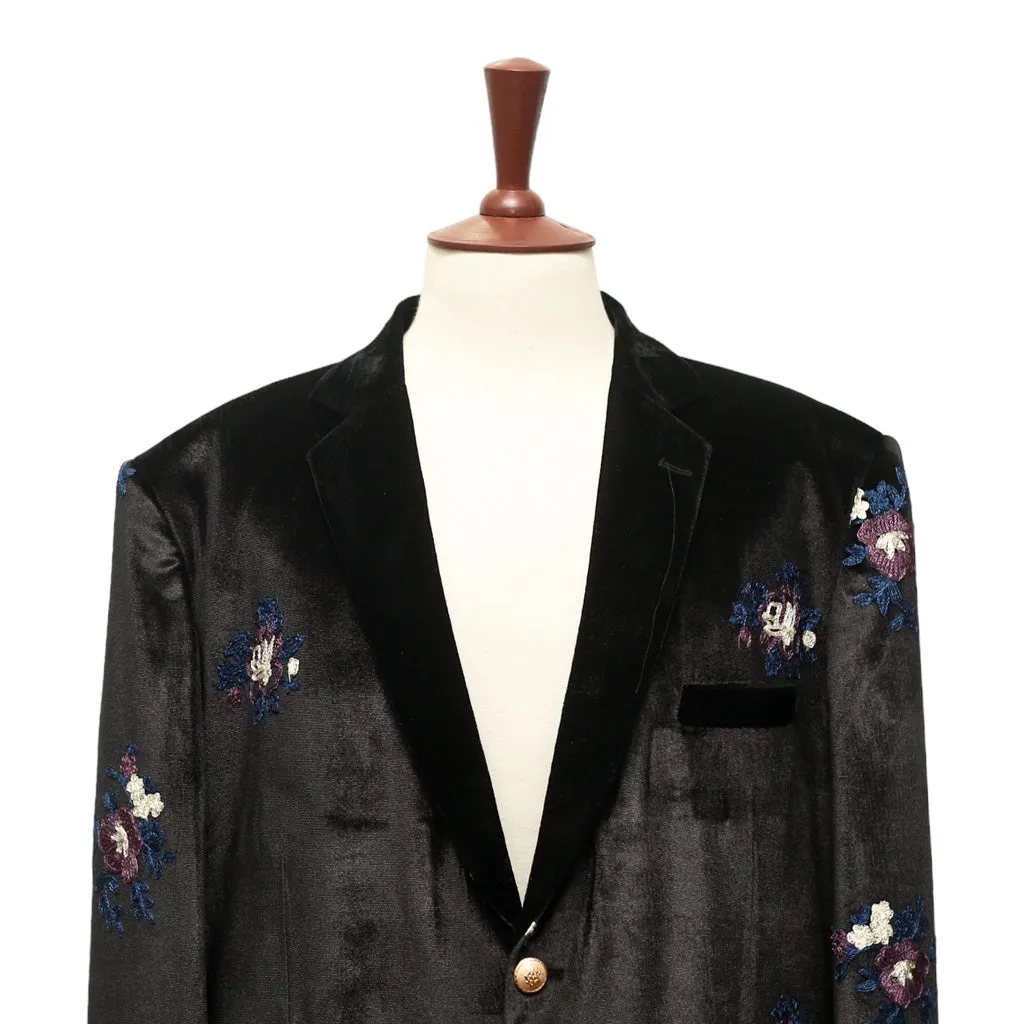 Mens Blazer Black Floral Embroidered Velvet Designer Dress Formal Suit Jacket Wedding Sport Coat 46R