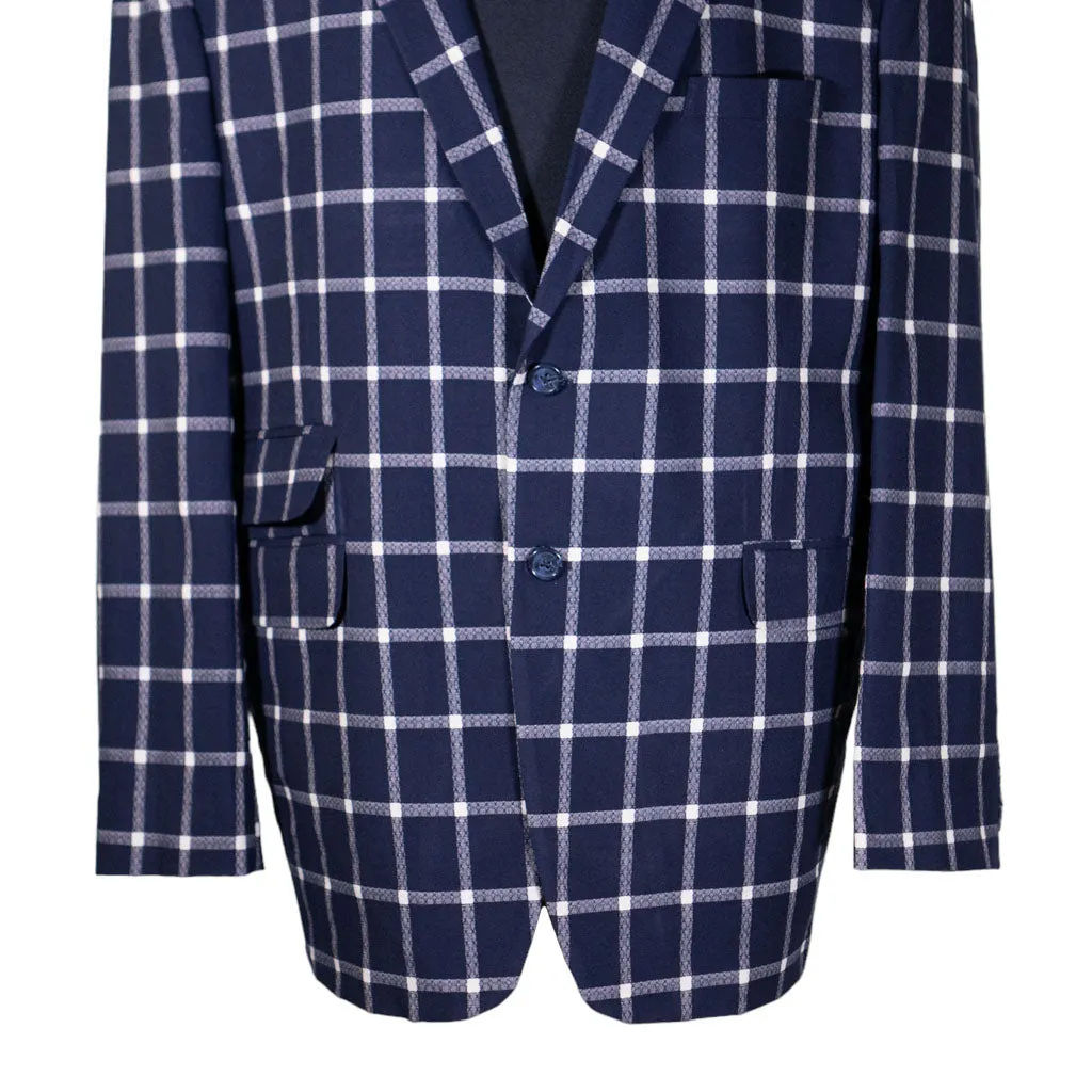 Mens Blazer Blue White Check Plaid Wool Handmade Dress Formal Suit Jacket Wedding Sport Coat 48R