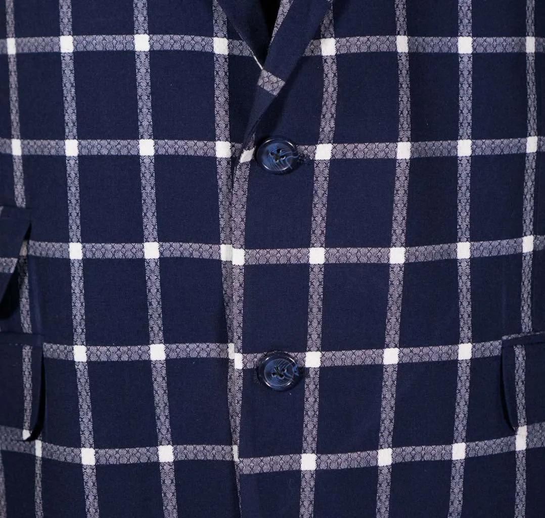 Mens Blazer Blue White Check Plaid Wool Handmade Dress Formal Suit Jacket Wedding Sport Coat 48R