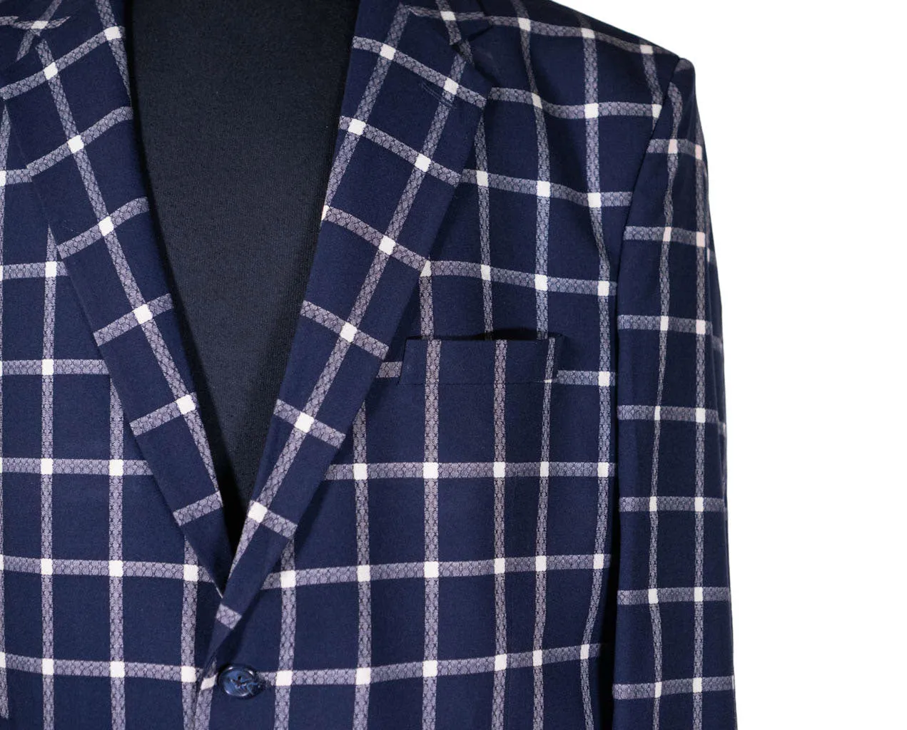 Mens Blazer Blue White Check Plaid Wool Handmade Dress Formal Suit Jacket Wedding Sport Coat 48R