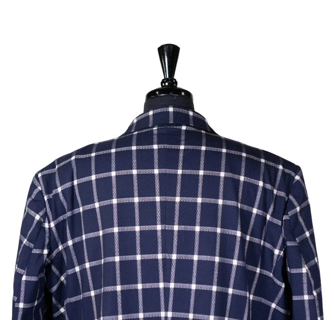 Mens Blazer Blue White Check Plaid Wool Handmade Dress Formal Suit Jacket Wedding Sport Coat 48R