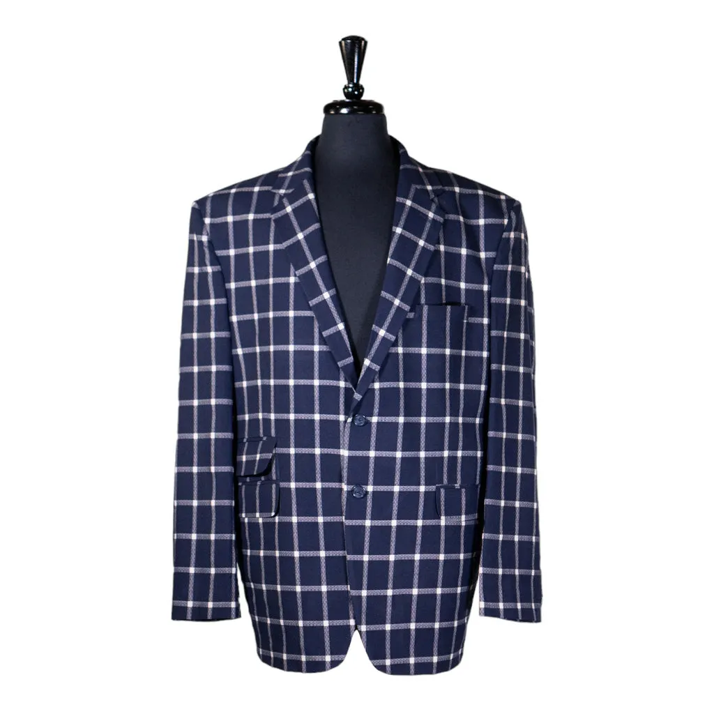 Mens Blazer Blue White Check Plaid Wool Handmade Dress Formal Suit Jacket Wedding Sport Coat 48R