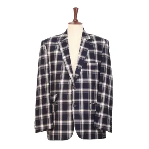 Mens Blazer Blue White Plaid Check Wool Handmade Dress Formal Suit Jacket Wedding Sport Coat 46R