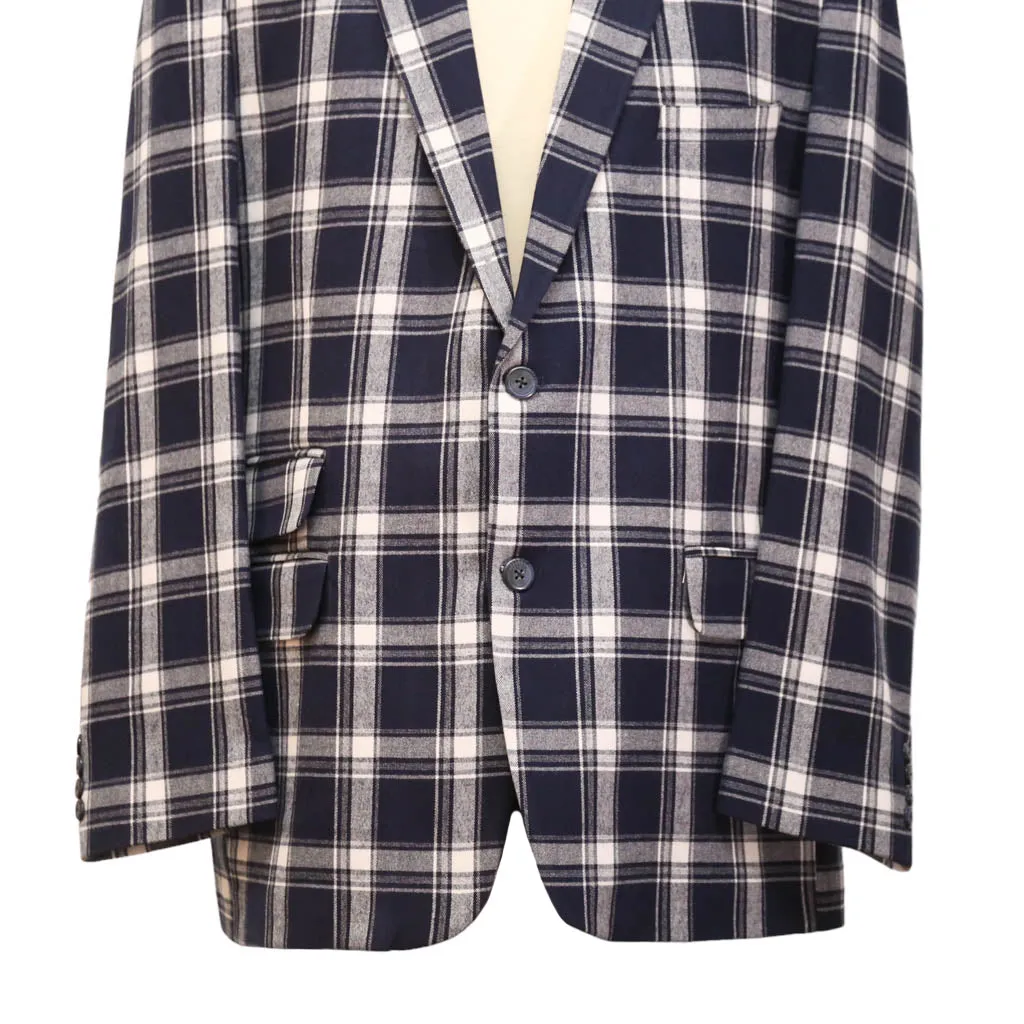 Mens Blazer Blue White Plaid Check Wool Handmade Dress Formal Suit Jacket Wedding Sport Coat 46R