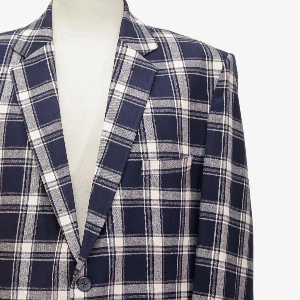 Mens Blazer Blue White Plaid Check Wool Handmade Dress Formal Suit Jacket Wedding Sport Coat 46R