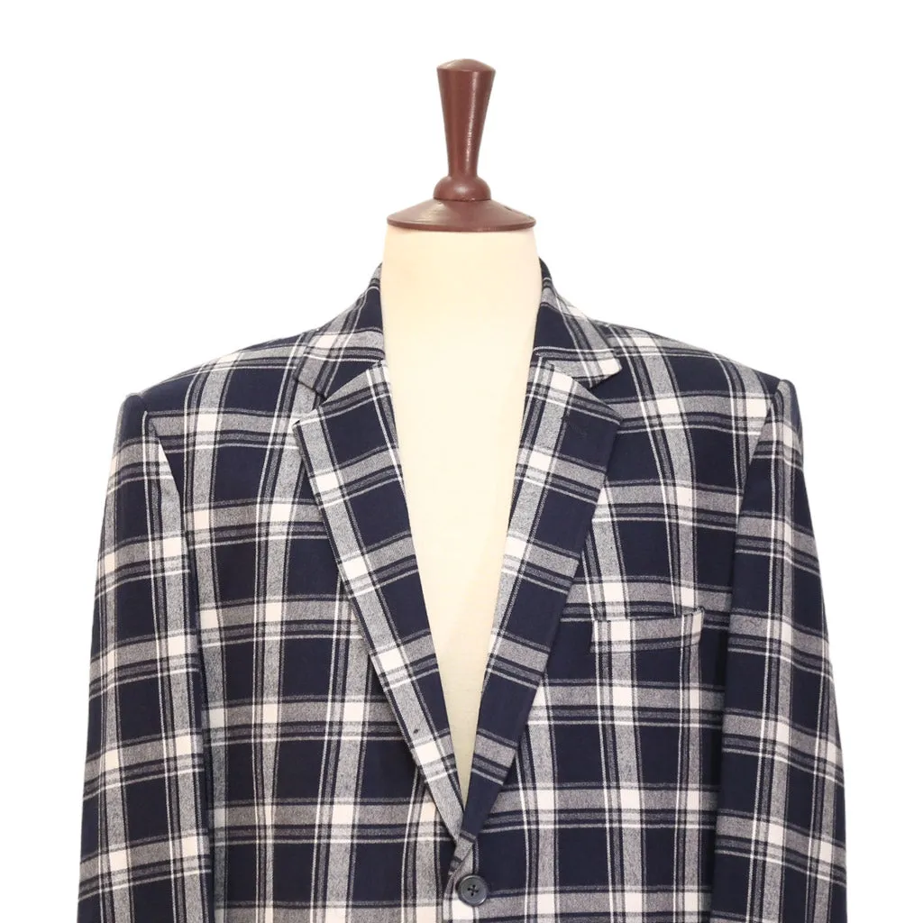 Mens Blazer Blue White Plaid Check Wool Handmade Dress Formal Suit Jacket Wedding Sport Coat 46R