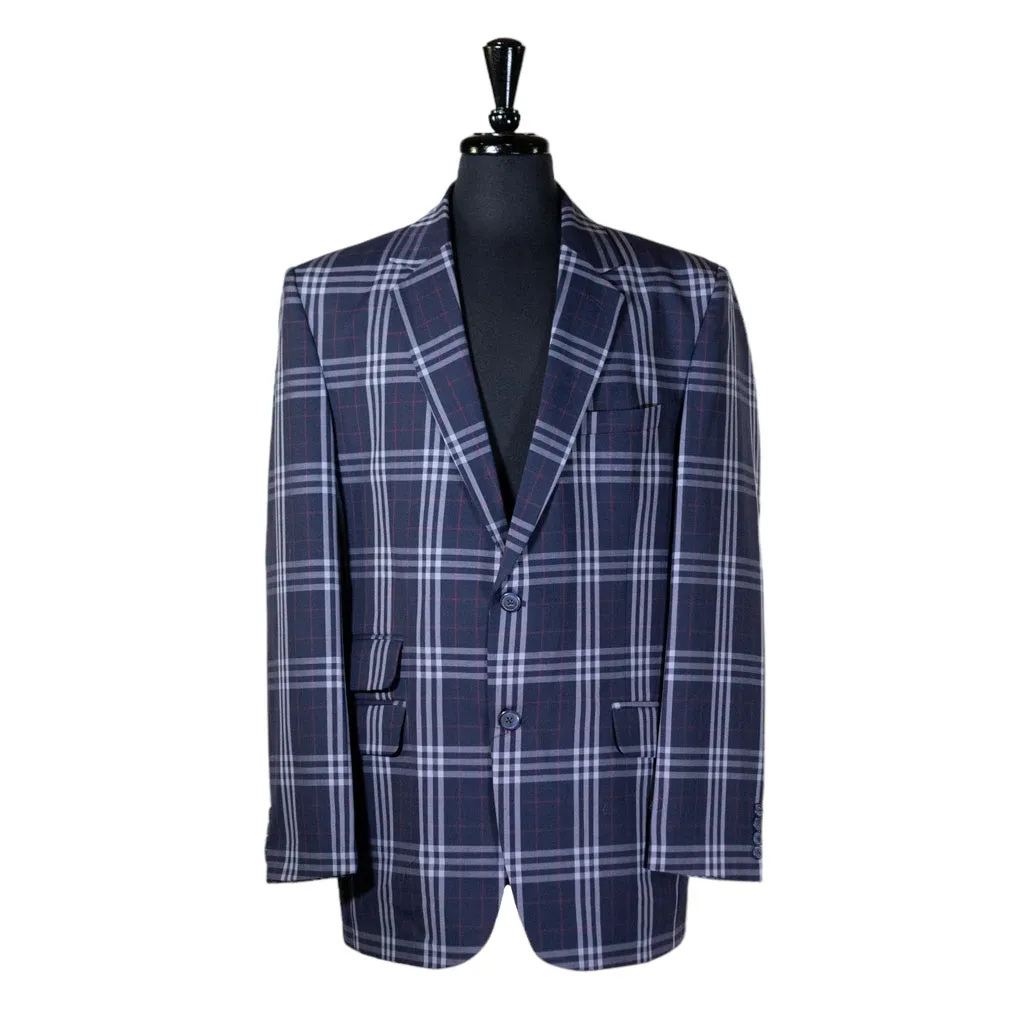 Mens Blazer Blue White Red Plaid Check Wool Dress Formal Suit Jacket Wedding Sport Coat 44R
