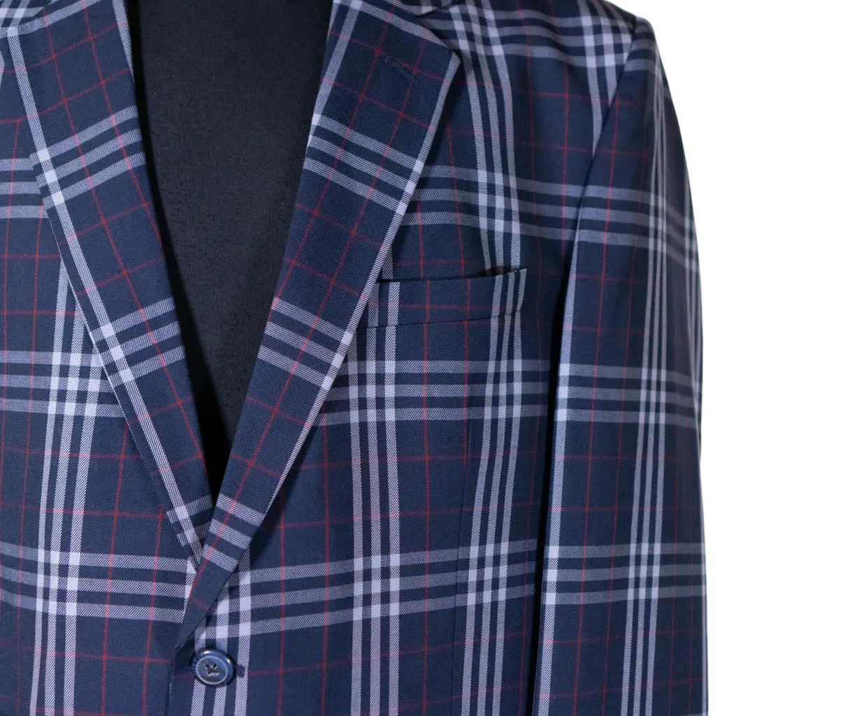 Mens Blazer Blue White Red Plaid Check Wool Dress Formal Suit Jacket Wedding Sport Coat 44R