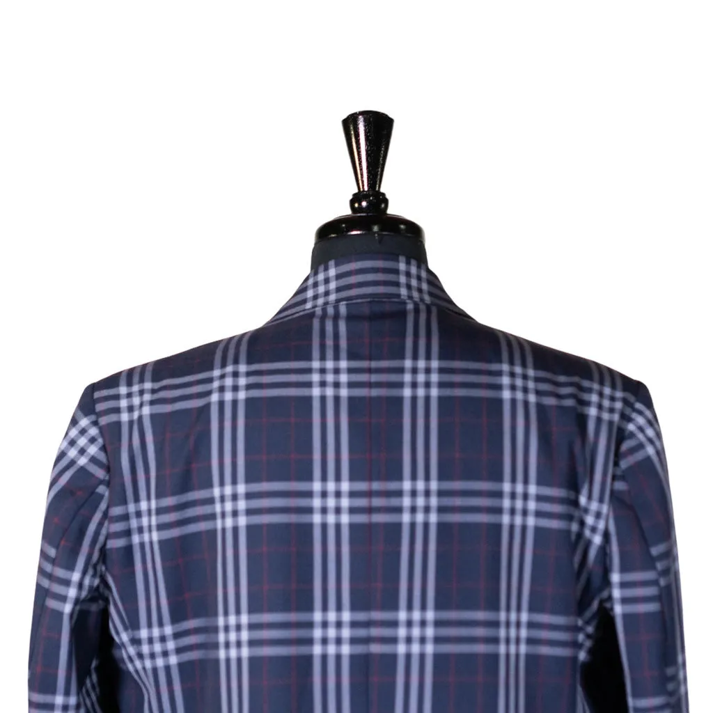 Mens Blazer Blue White Red Plaid Check Wool Dress Formal Suit Jacket Wedding Sport Coat 44R
