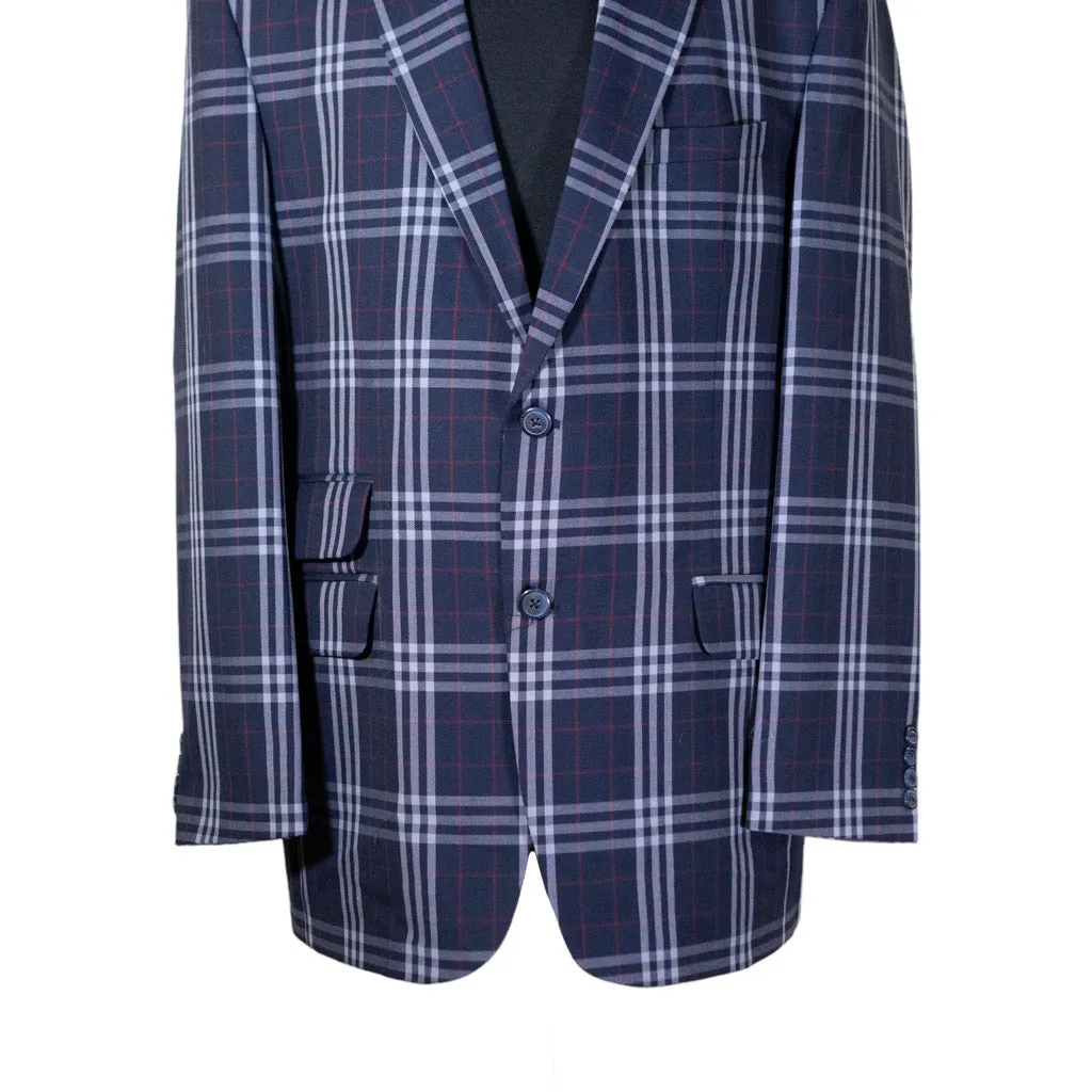 Mens Blazer Blue White Red Plaid Check Wool Dress Formal Suit Jacket Wedding Sport Coat 44R