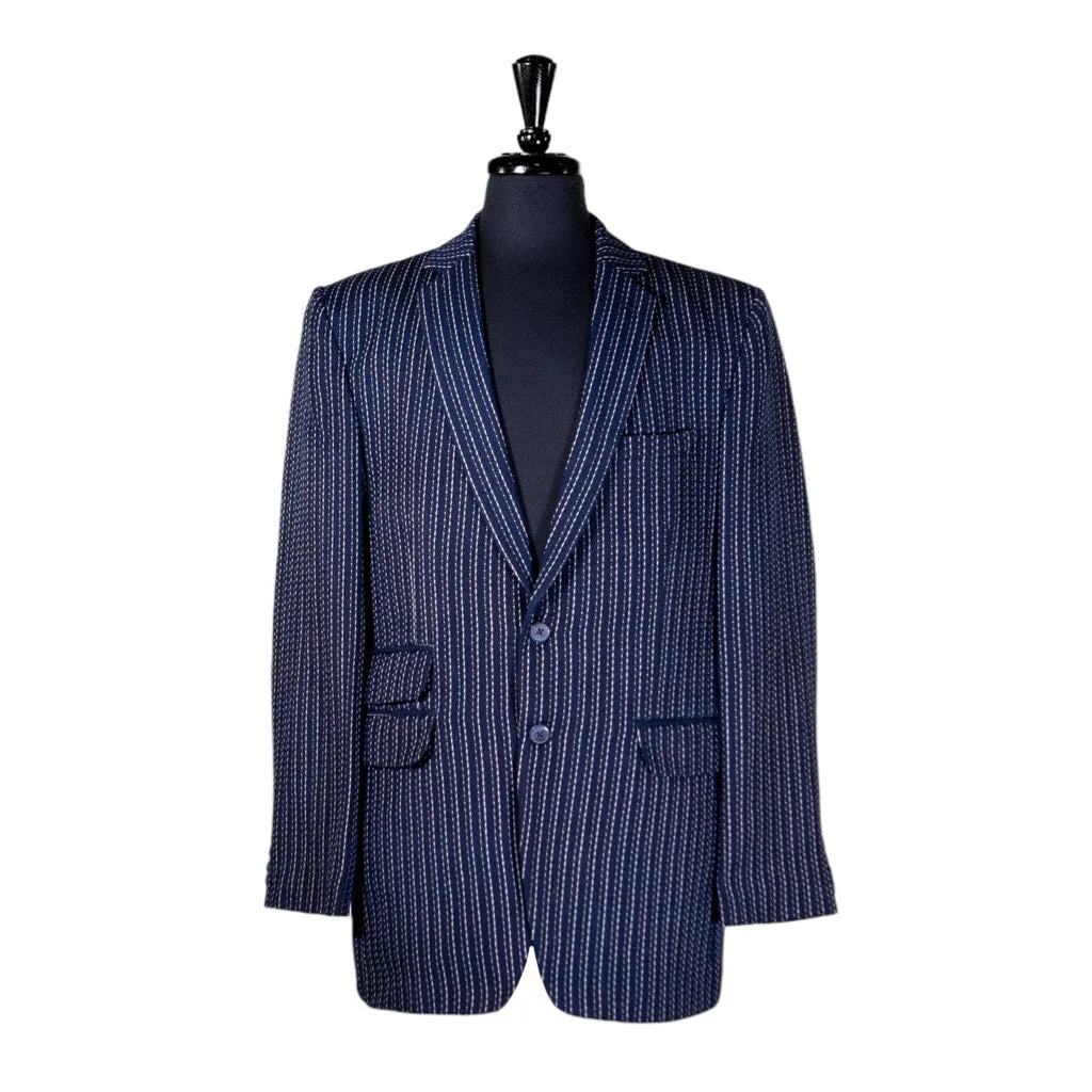 Mens Blazer Blue White Striped Wool Handmade Dress Formal Suit Jacket Wedding Sport Coat 42R