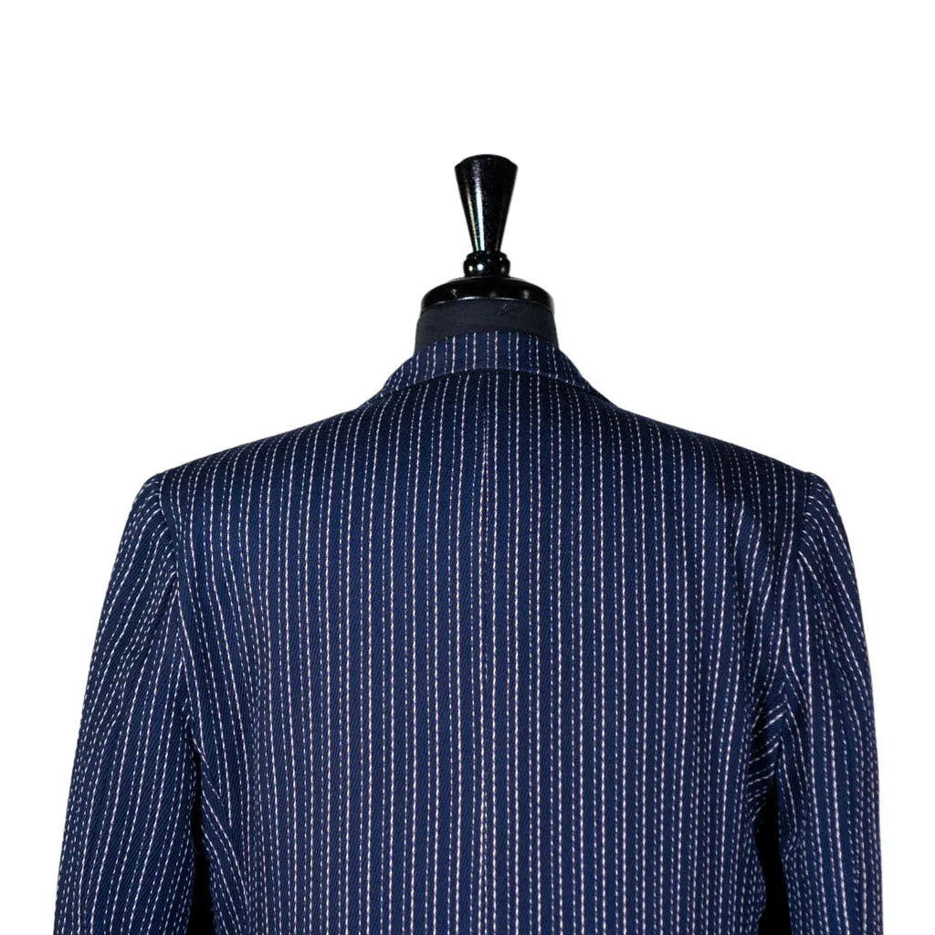 Mens Blazer Blue White Striped Wool Handmade Dress Formal Suit Jacket Wedding Sport Coat 42R