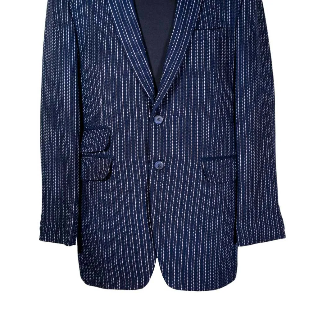 Mens Blazer Blue White Striped Wool Handmade Dress Formal Suit Jacket Wedding Sport Coat 42R